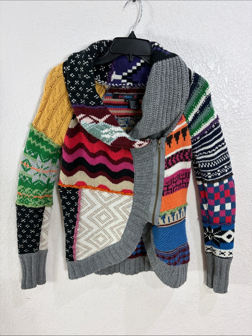Desigual Multicolor Patchwork Zip-Up Sweater with Gray Trim,Size M. - Picture 3 of 17